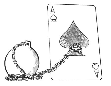 ACE CARD WITH A BALL AND CHAIN ATTACHED