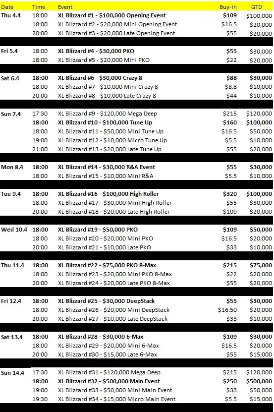 2019 XL Blizzard Schedule