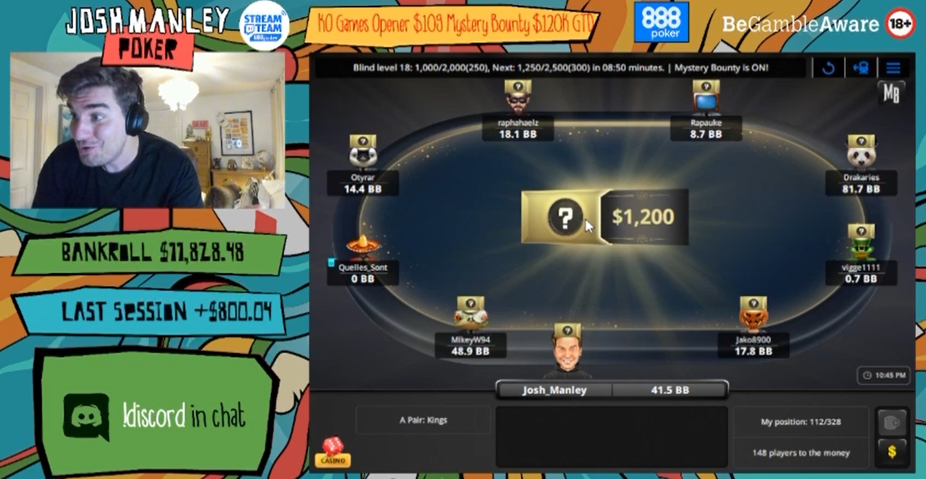 888poker StreamTeam member Josh “Josh_Manley” Manley 124th place