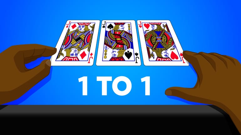 3 Card poker hand JhJsKd with the words “1 to 1” underneath it