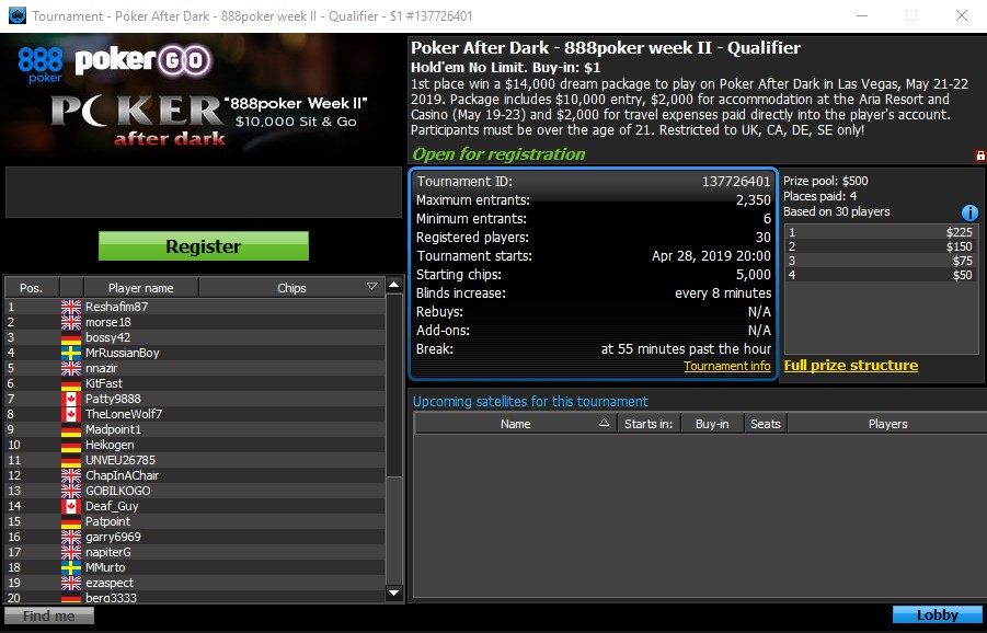 888poker II Poker After Dark tournament lobby