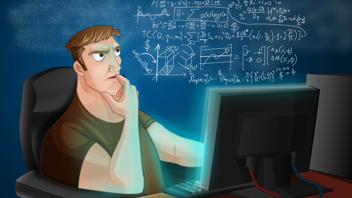 Poker player sitting at his computer thinking about complex math equation