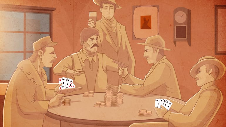 Old school Wild West saloon with gunslingers playing poker