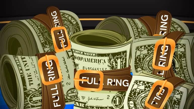 pile of roll of money being squeezed by a belt labelled FULL RING.