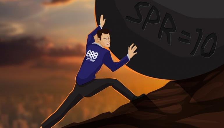 Poker player pushing a boulder uphill with the words SPR 10 on the boulder