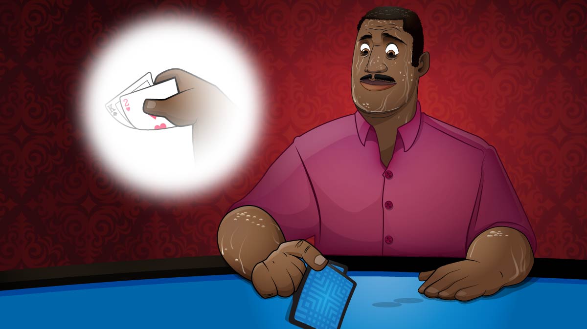 player sitting with beads of sweat dripping from his brow with only 2/3 chips in front of him and looking down at K2 off-suit