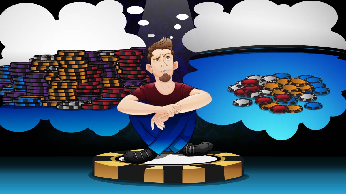 Player sitting on the button with two thought bubbles: one for a BIG pot with a lot of chips in the middle; the other with a smaller pot with only a few chips in the middle