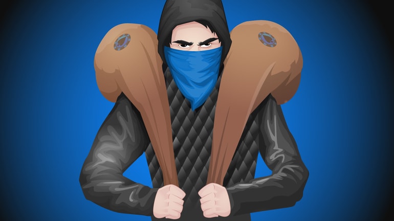 Robin Hood holding 2 sacks of poker chips
