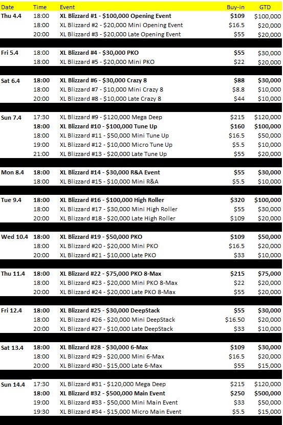 2019 XL Blizzard Schedule