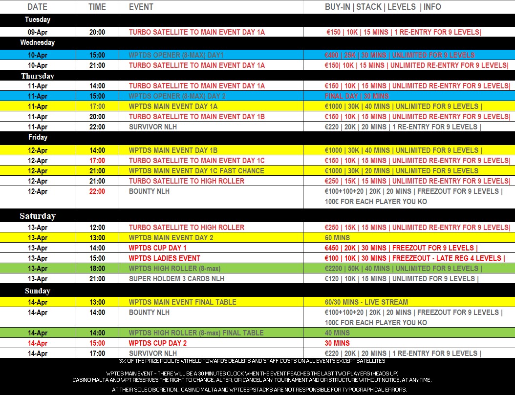 WPTDeepStacks Malta Schedule