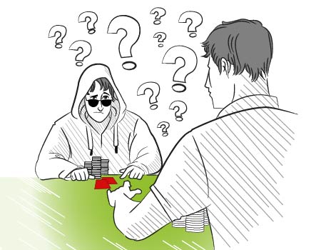 TWO PLAYERS HEADS-UP WITH QUESTION MARKS SPINNING IN THE AIR BETWEEN THEM