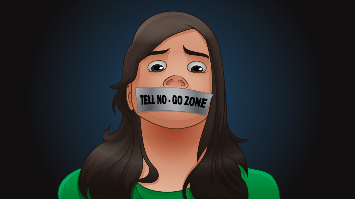 poker player with a tape over his mouth with the words “TELL NO-GO ZONE” written on it.