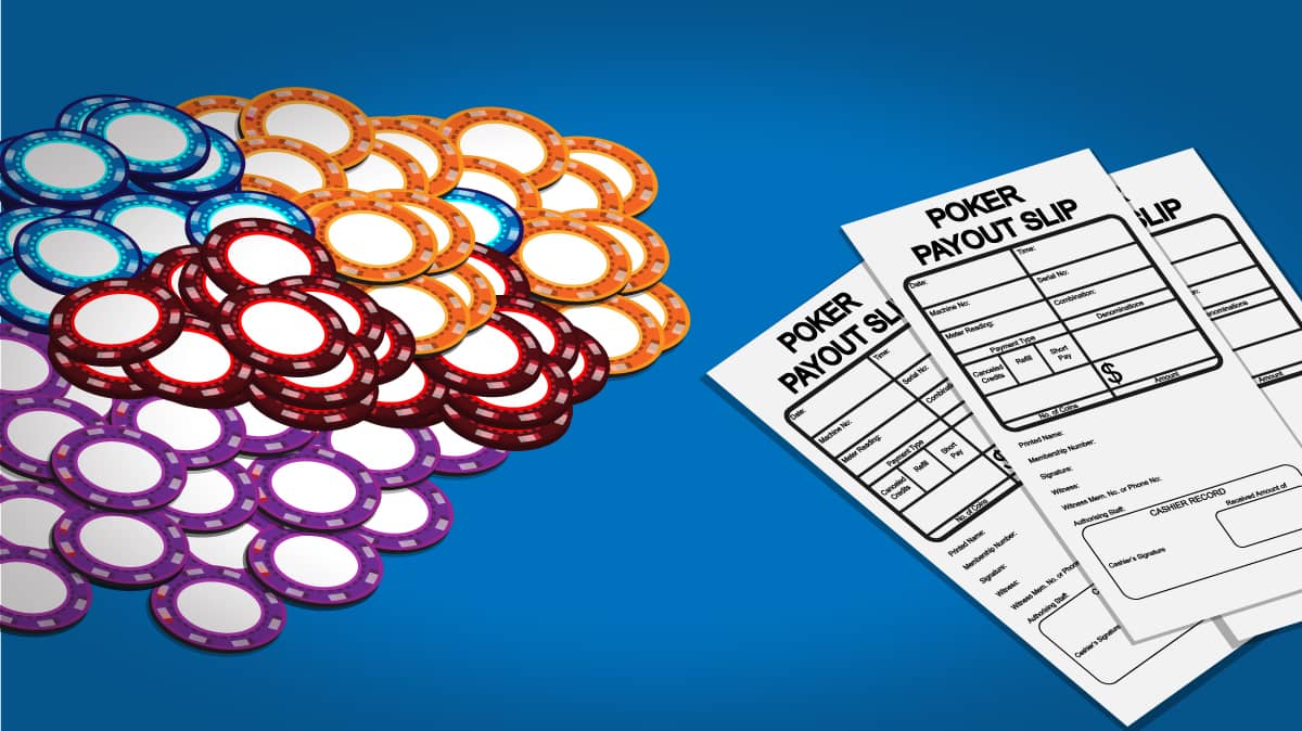 pile of tournament chips on one side with a tournament payout slip next to it.