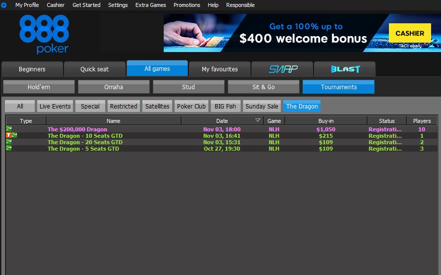 888poker client and click the “Tournaments” tab followed by “The Dragon”
