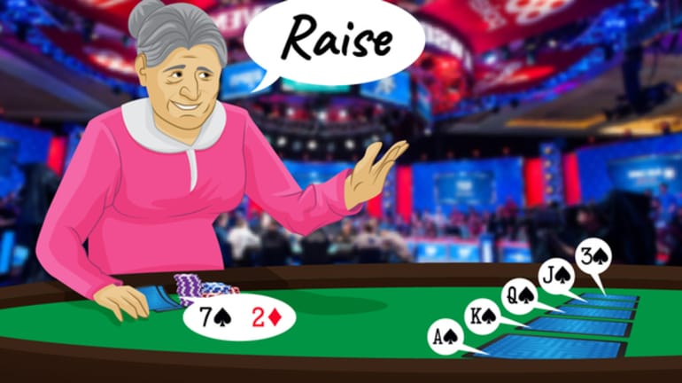 granny poker player announcing raise on the river holding 7-2 off-suit on a board reading As-Ks-Qs-10s-3s