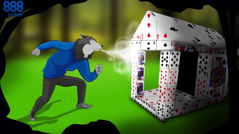 house covered in cards with wolf dressed as poker player trying to blow it down