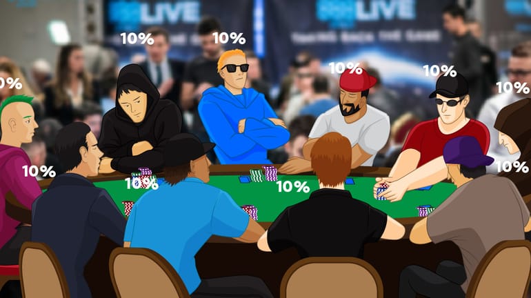 10 poker players at a table all with a 10% sign above their heads