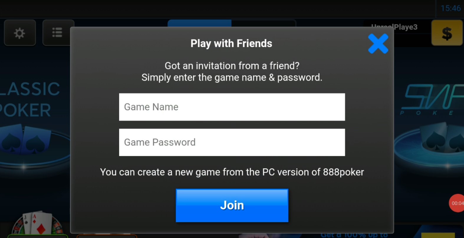 Enter the Game Name and Game Password in the popup screen
