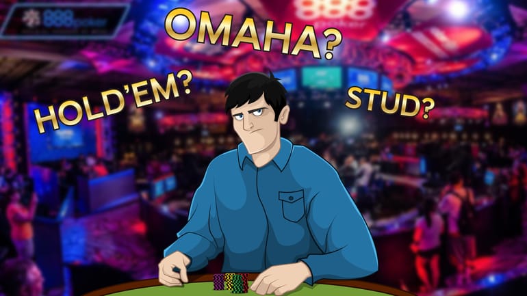 Player at a table with the words HOLD’EM – OMAHA – STUD