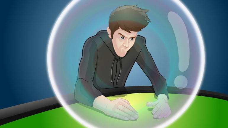 poker player at a poker table enclosed in a bubble