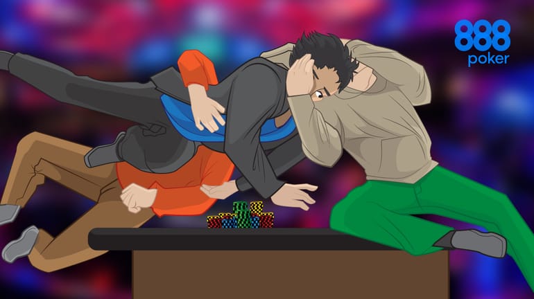 poker player being double-teamed in a wrestling ring