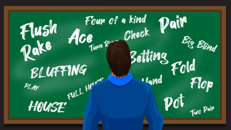 poker player from the  back, looking at a whiteboard with poker vernacular and symbols on it