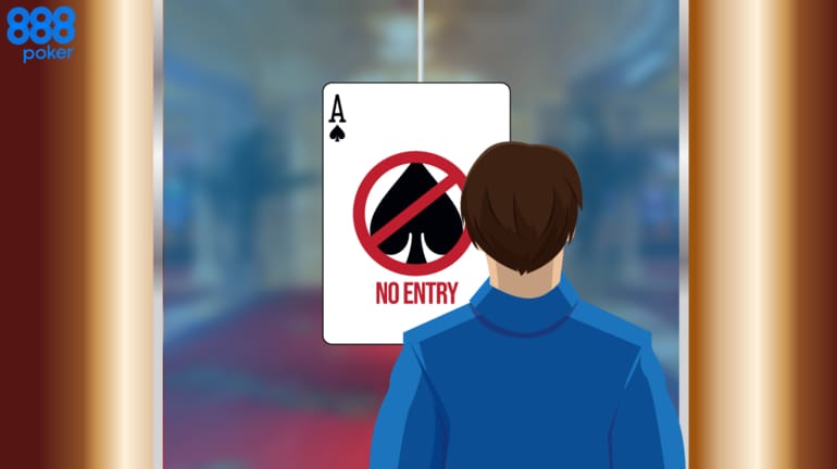 poker player in front of a door that has an Ace in a No Entry sign on it