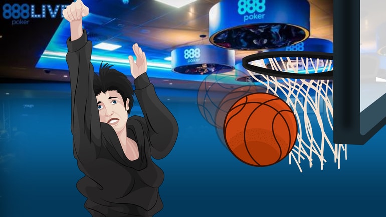 poker player making a basketball jump shot