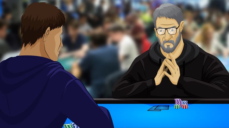 poker player playing heads-up against someone dressed like a professor