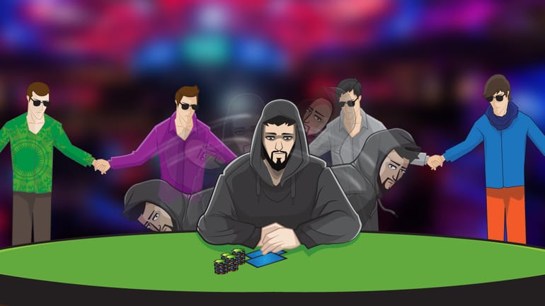 poker player replicated multiple times surrounded by a circle of colluding players holding hands