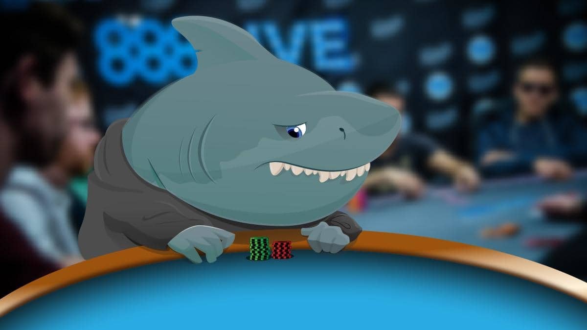 anthropomorphic shark at poker table with s very small stack of chips in front of him.