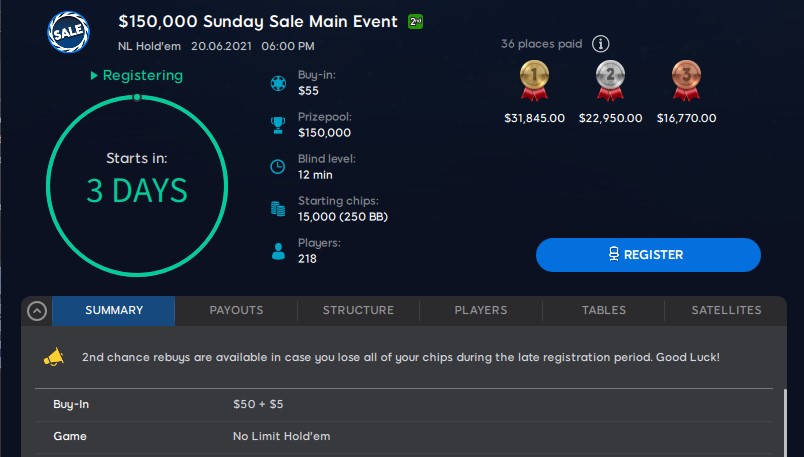 $150K Sunday Sale Main Event - now $55 (was $109)