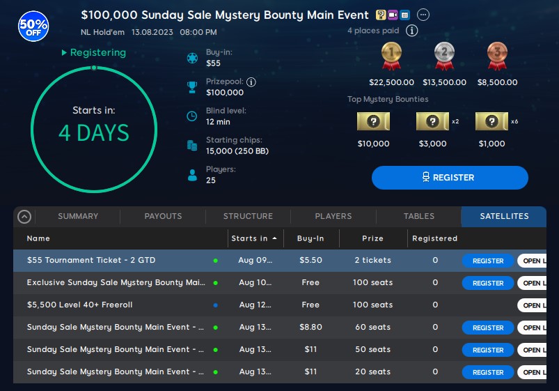 Sunday Sale Satellites in the 888poker Tournament Lobby