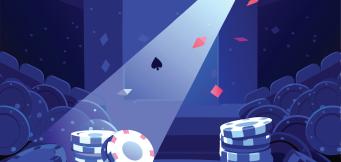 Poker chips and playing cards on a spotlight stage, representing poker's role in popular culture