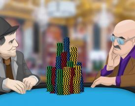 2 poker players with a massive pile of chips 