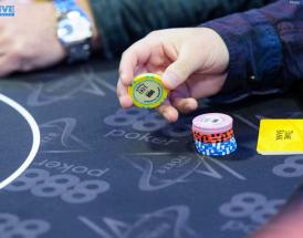 Crazy image of poker player with flip-top head and words I’M ALL-IN, RAISE, RE-RAISE