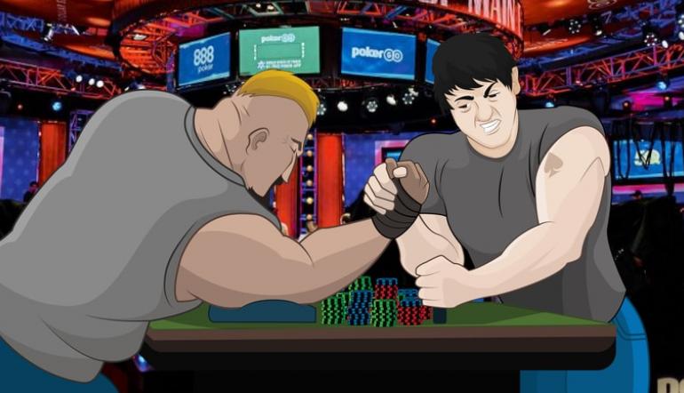 poker players arm wrestling at a poker table