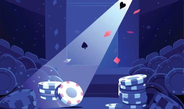 Poker chips and playing cards on a spotlight stage, representing poker's role in popular culture