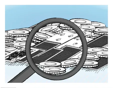 Pile of cards face up with a magnifying glass over them