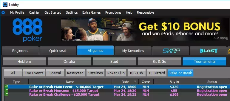888poker client lobby under "Tournaments>Rake or Break"